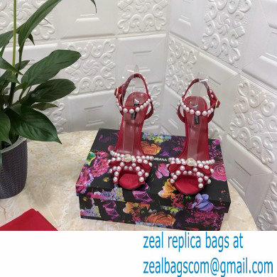 Dolce  &  Gabbana Heel 10.5cm Satin Sandals Red with Pearl Application 2021